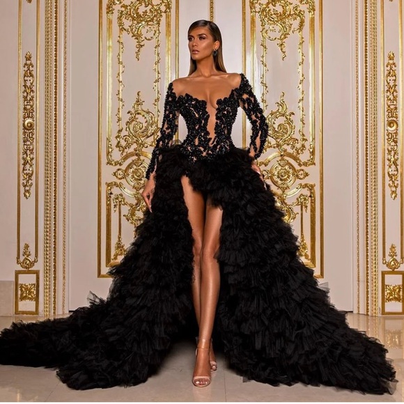 Black Maxi Gown with Ruffled Skirt and Long Sleeves for Cocktail Events